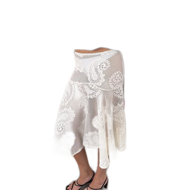 White Sheer Lace Paisley Asymmetrical Midi Skirt