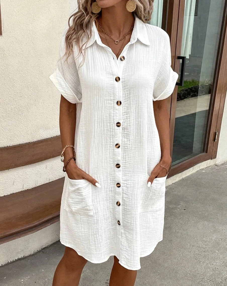 Solid V-Neck Three-Quarter Sleeve Cotton Linen Mini Dress