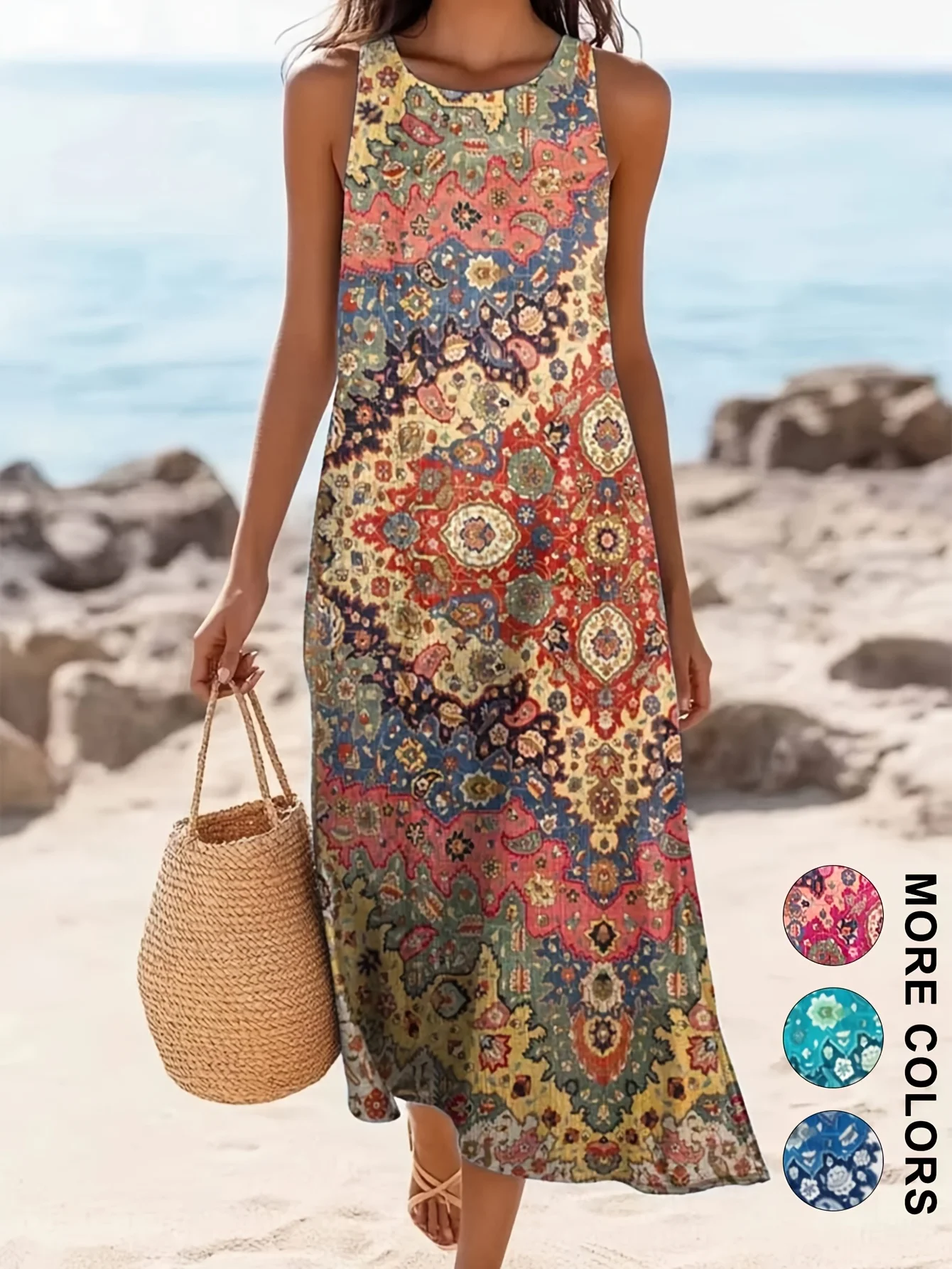 Floral Bohemian Sleeveless Midi Sundress with Pockets