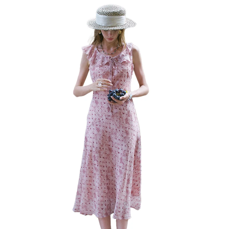 Ruffle Collar Sleeveless Ditsy Floral Chiffon Midi Dress