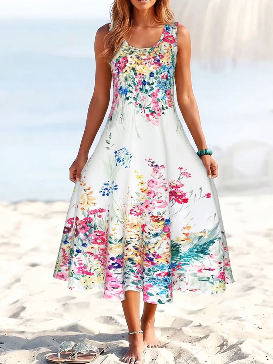 Ivory Watercolor Print Sleeveless Midi Dress