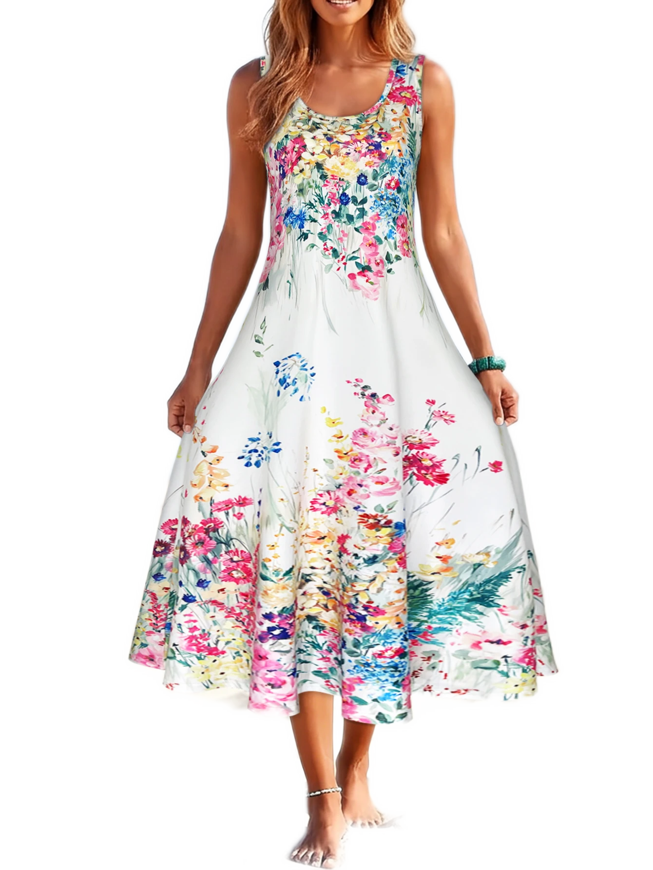 Ivory Watercolor Print Sleeveless Midi Dress