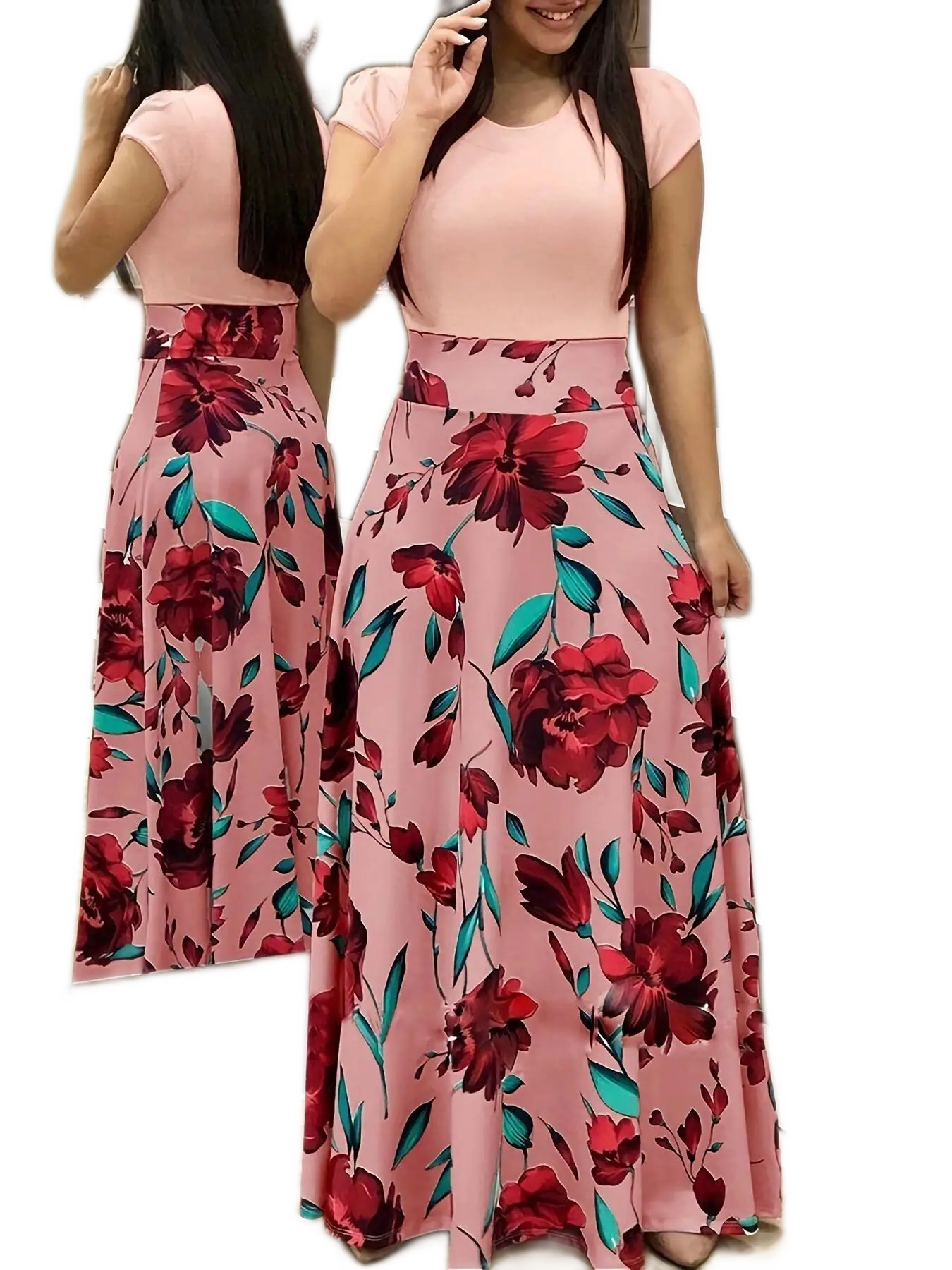 Pink Short-Sleeve Floral Swing Maxi Dress