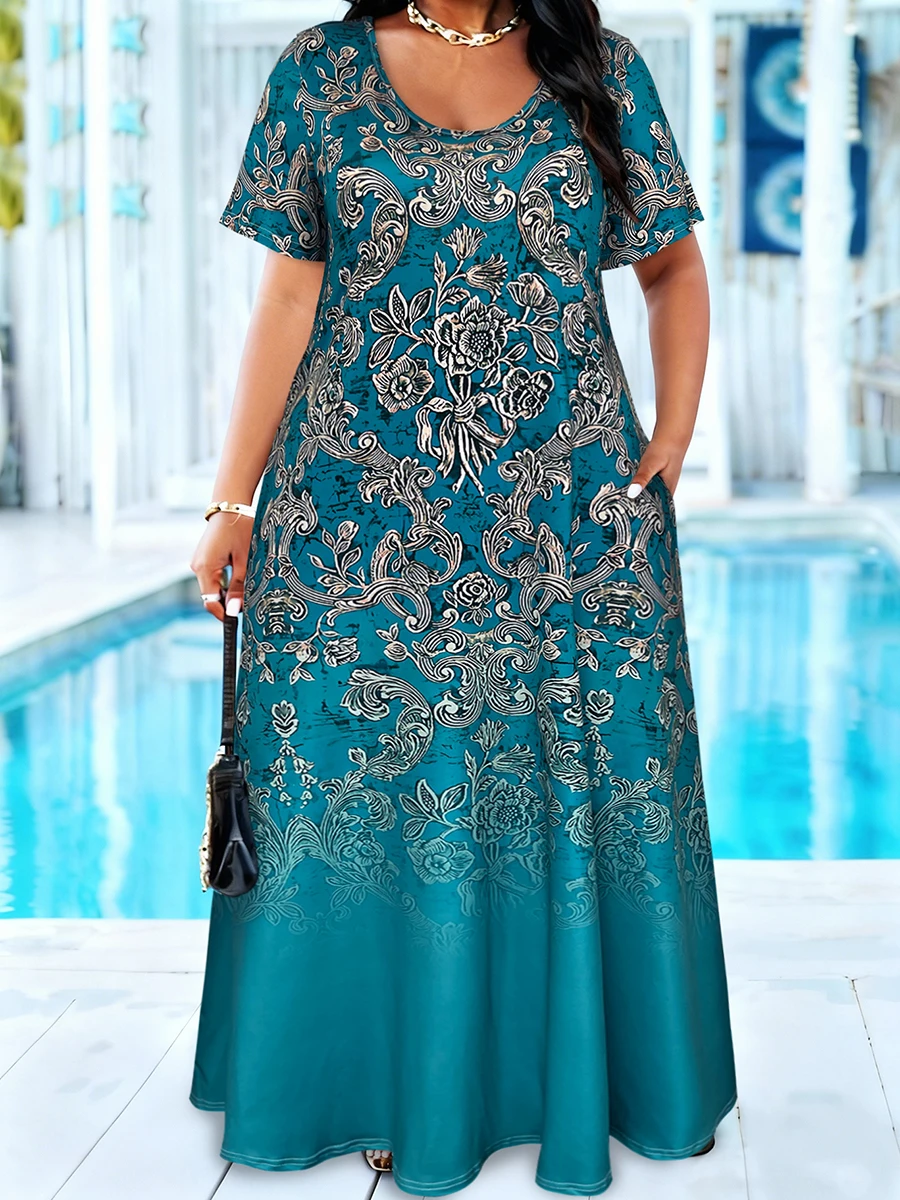 Teal Baroque Floral Print Scoop Neck Maxi Dress