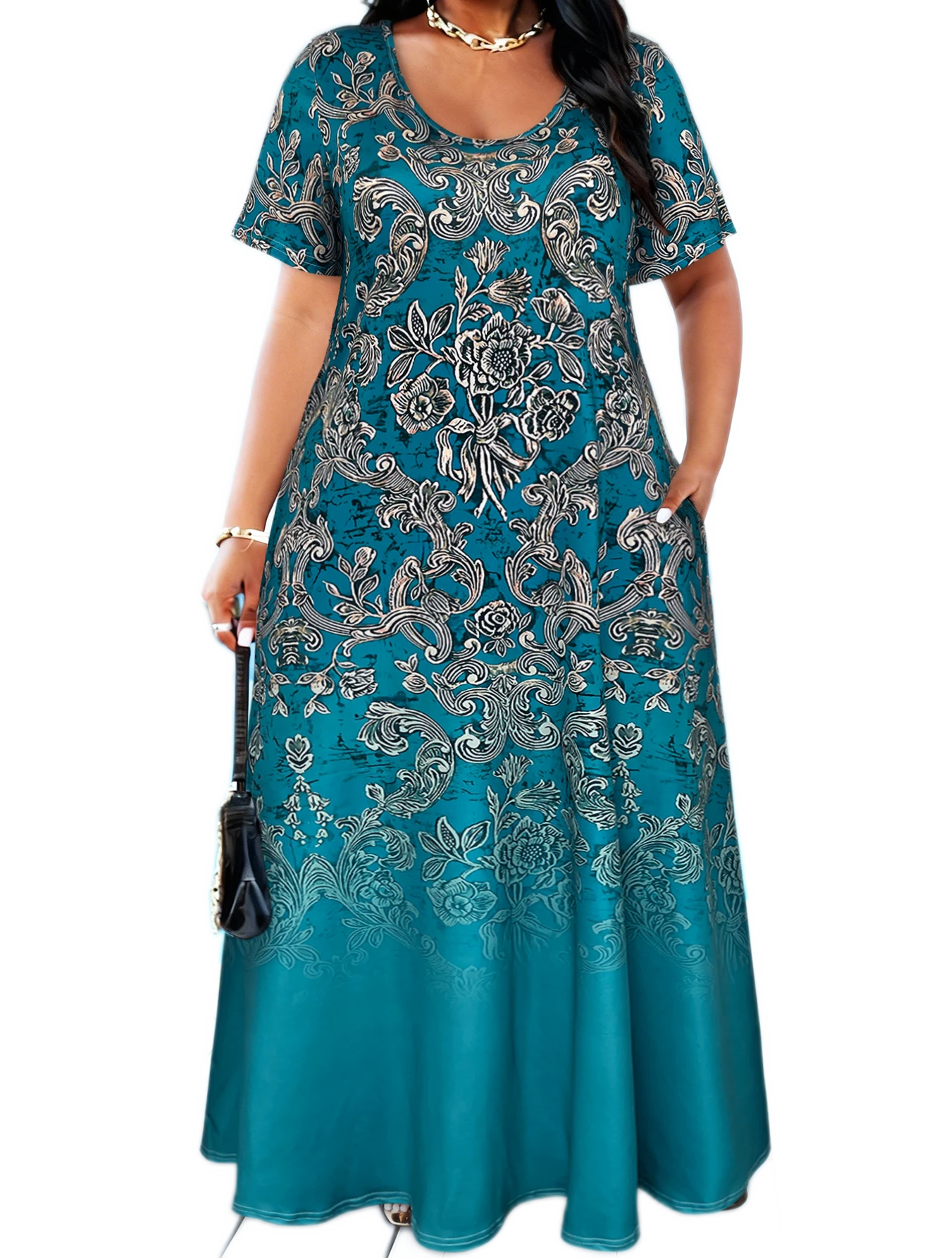 Teal Baroque Floral Print Scoop Neck Maxi Dress