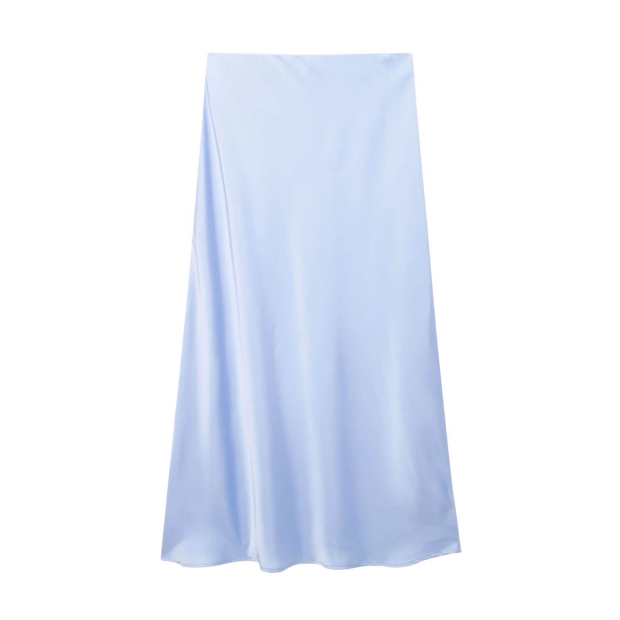 Light Blue Satin High-Waist Midi Skirt