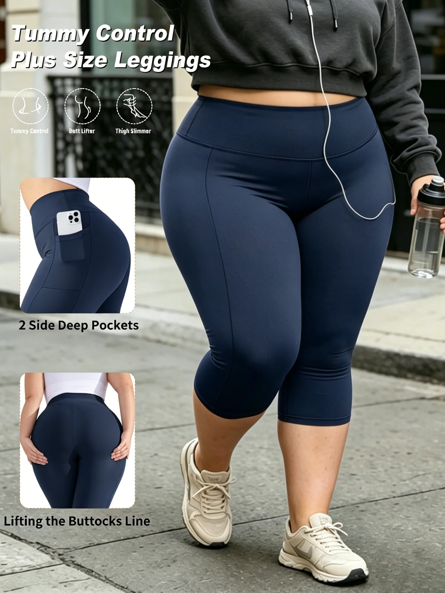 Black Stretchy High Waist Capri Leggings with Pockets