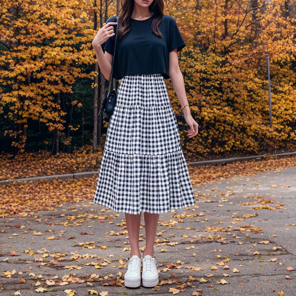 Checkered Patchwork High-Waisted Elastic Midi Skirt