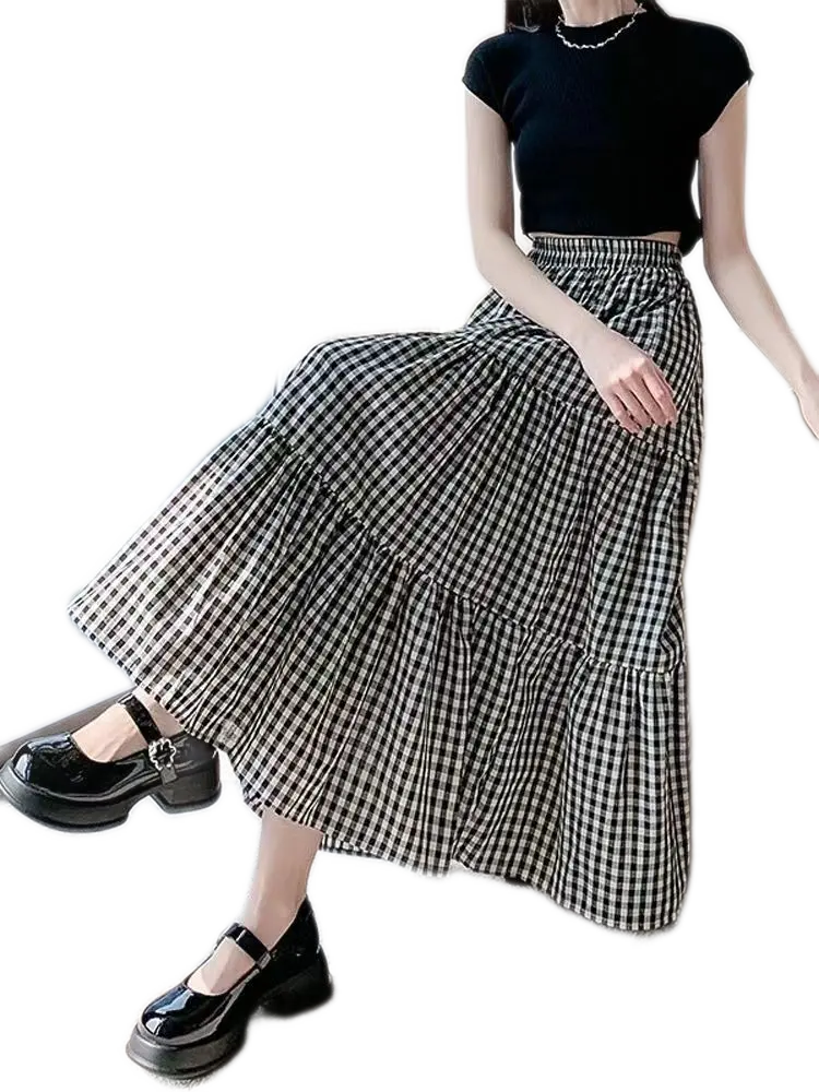 Checkered Patchwork High-Waisted Elastic Midi Skirt