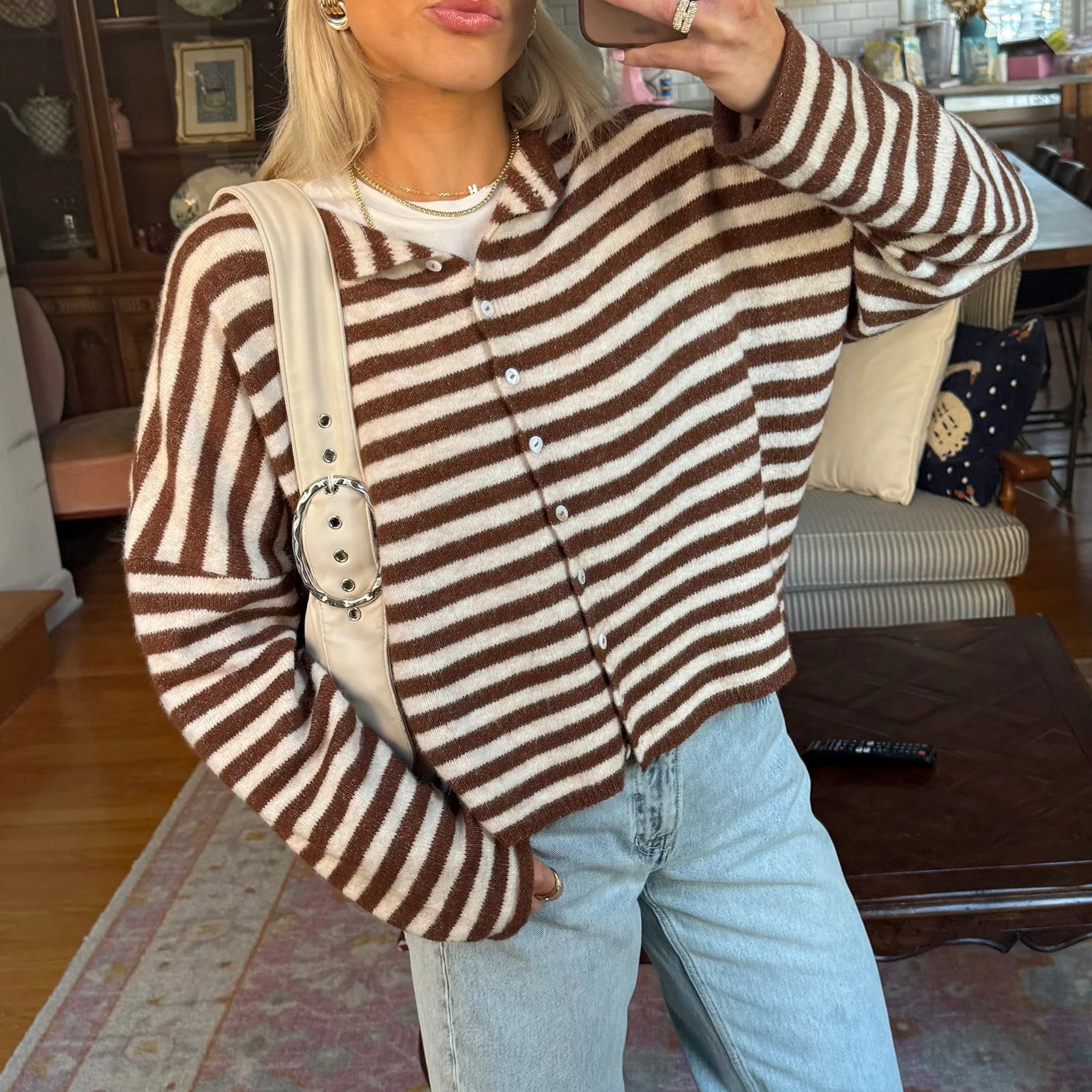 Striped Loose Knit Cardigan for Women