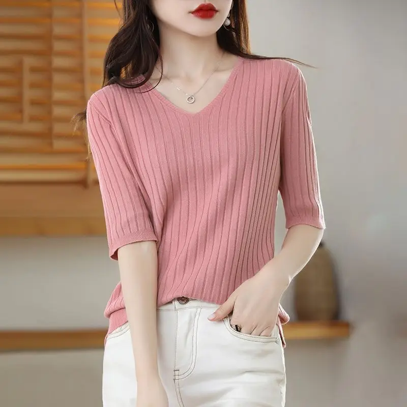 V-Neck Short-Sleeve Cashmere Knit Pullover Sweater