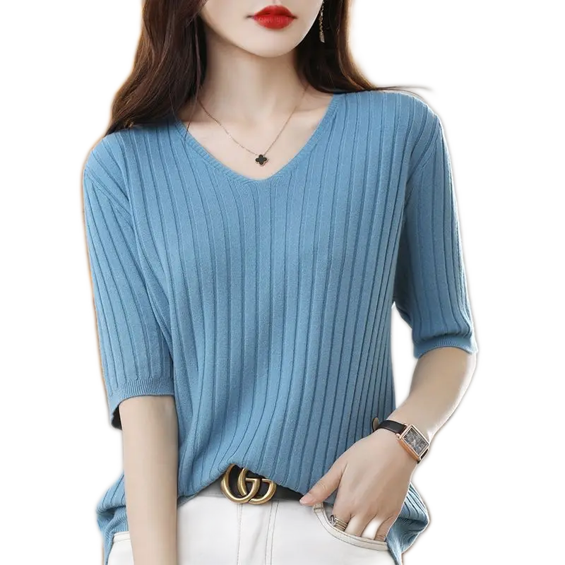 V-Neck Short-Sleeve Cashmere Knit Pullover Sweater