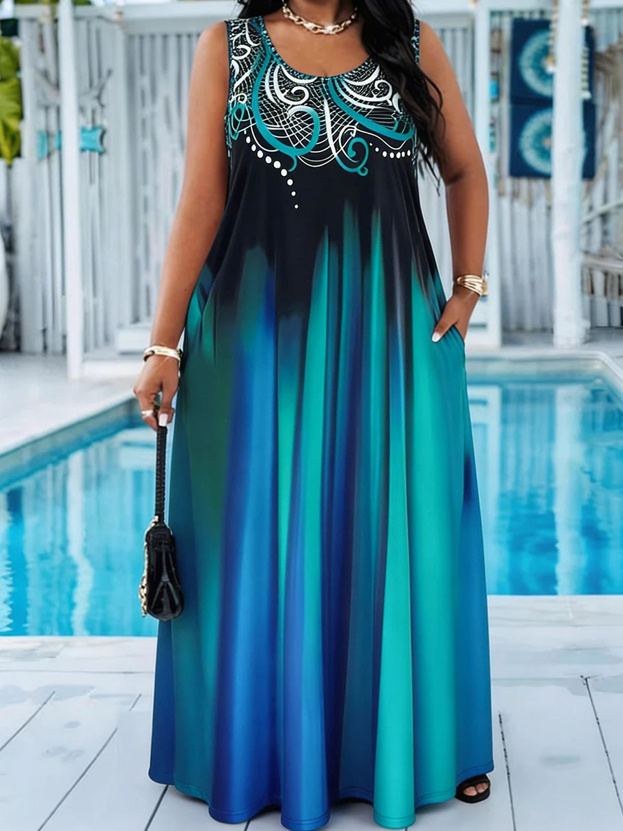 Plus Size Teal Blue Gradient Print Sleeveless Maxi Dress