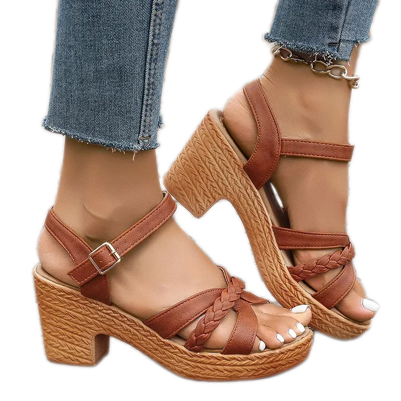 Brown Braided Strap Platform Block Heel Sandals