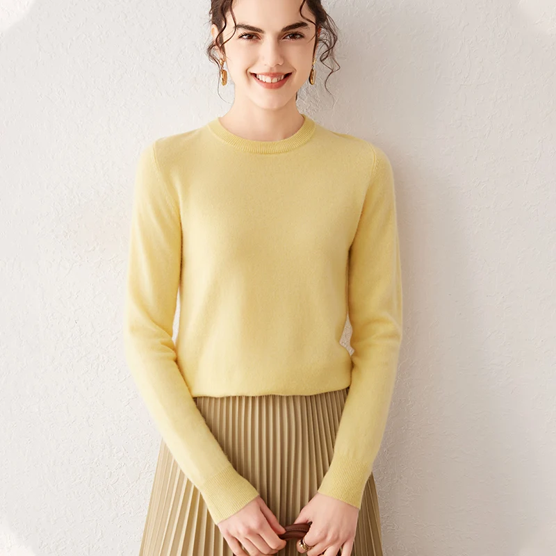 Pure Cashmere Crew Neck Long Sleeve Knit Pullover