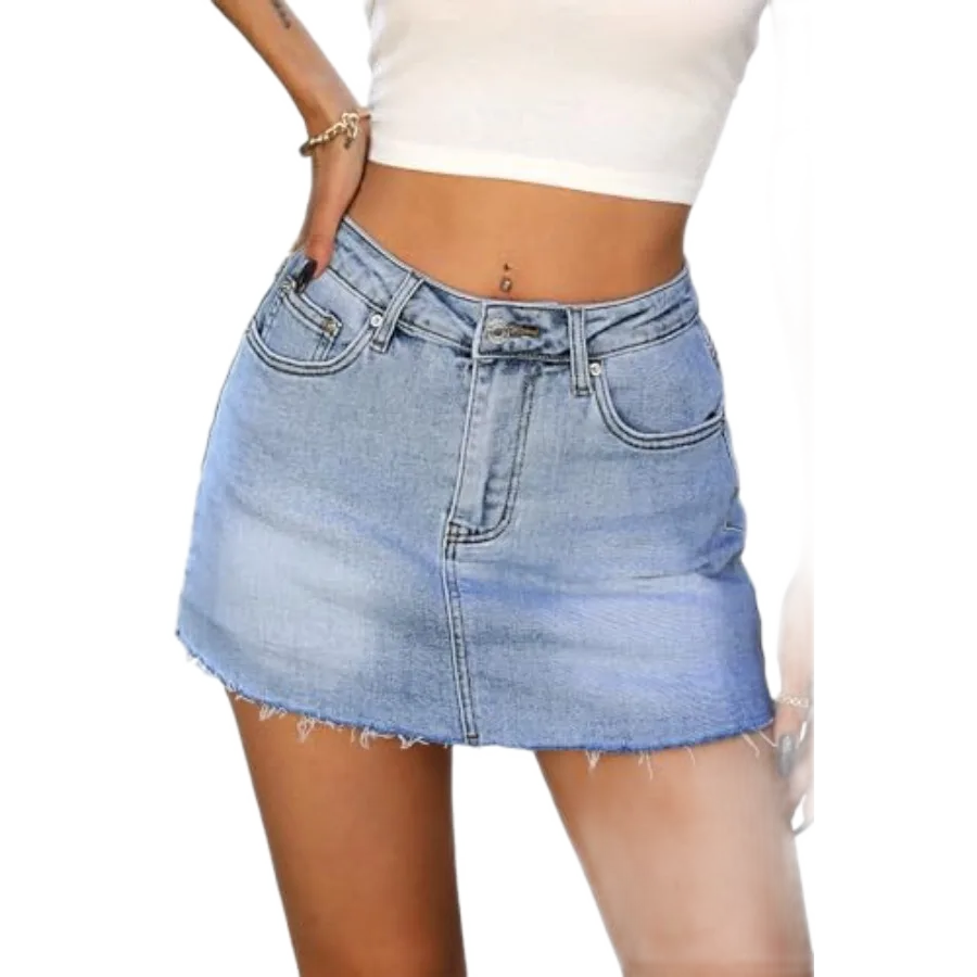 Blue Denim Raw Hem Mini Skort with Pockets