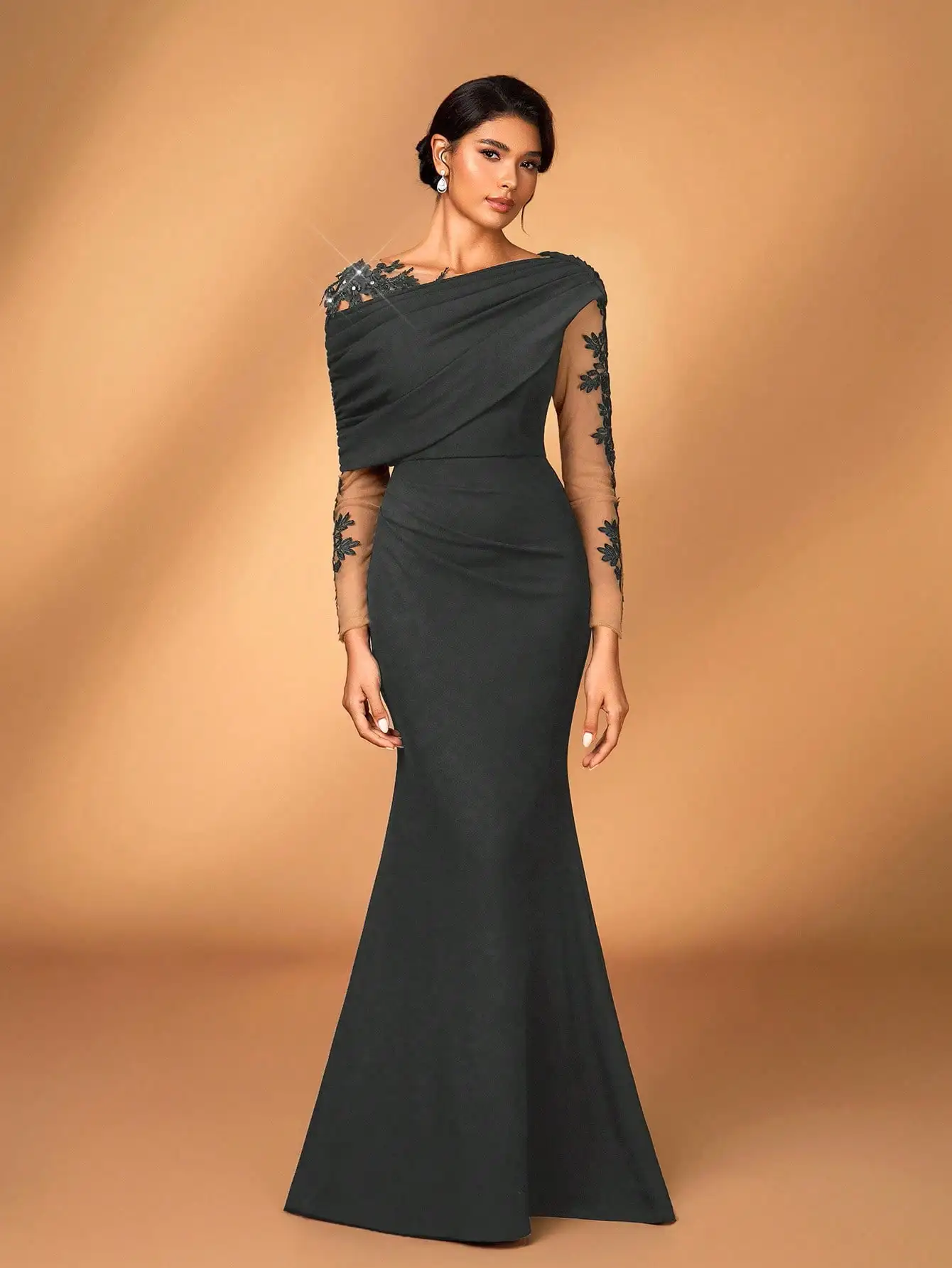 Asymmetrical Draped Neckline Lace Fishtail Evening Dress