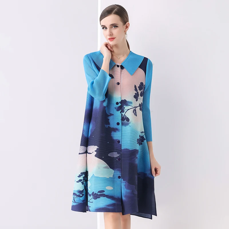 Colorblock Pleated Drape Lapel Shirt Dress