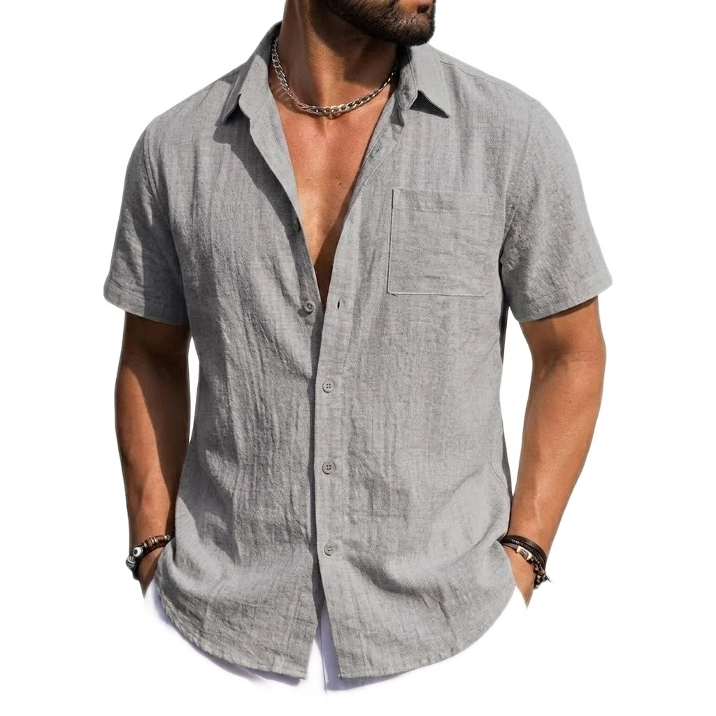 Gray Linen Short-Sleeve Button-Down Shirt