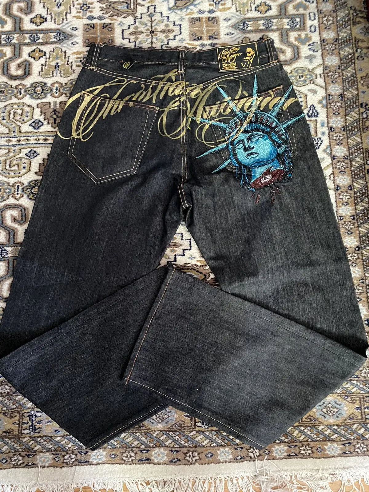 Black Rhinestone High-Waist Wide Leg Denim Jeans