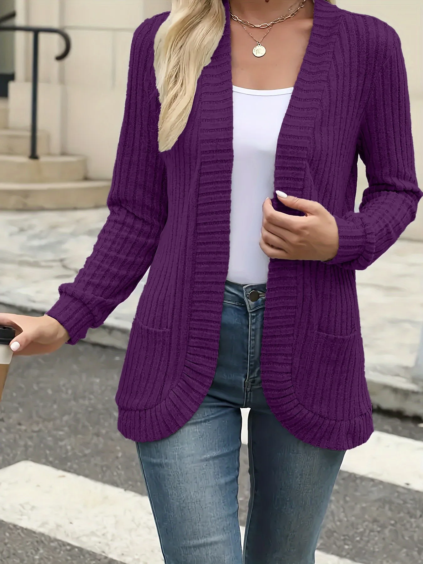 Solid Color Ribbed Brushed Patchwork Cardigan Coat
