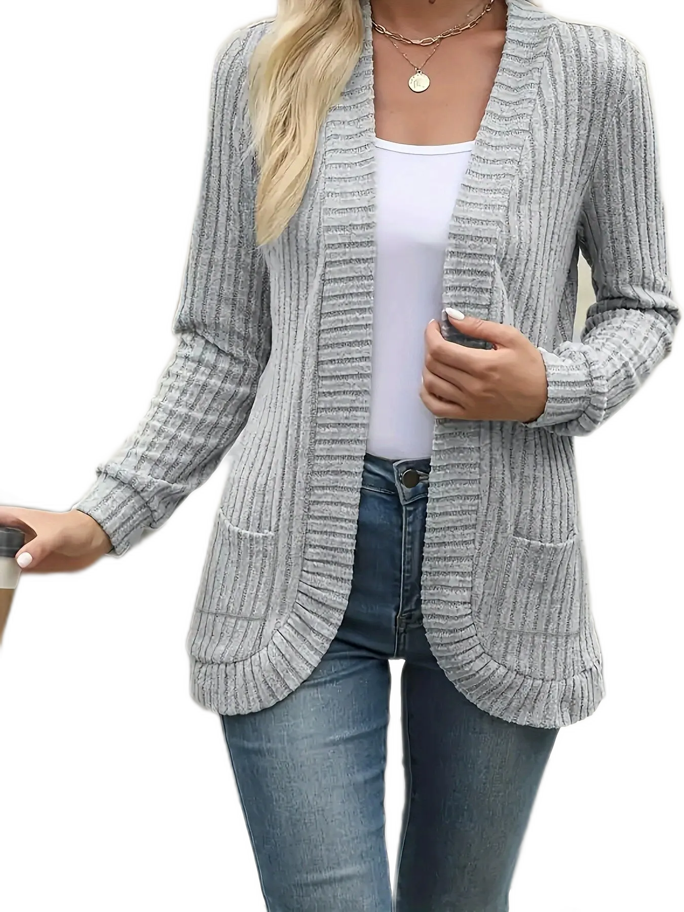 Solid Color Ribbed Brushed Patchwork Cardigan Coat
