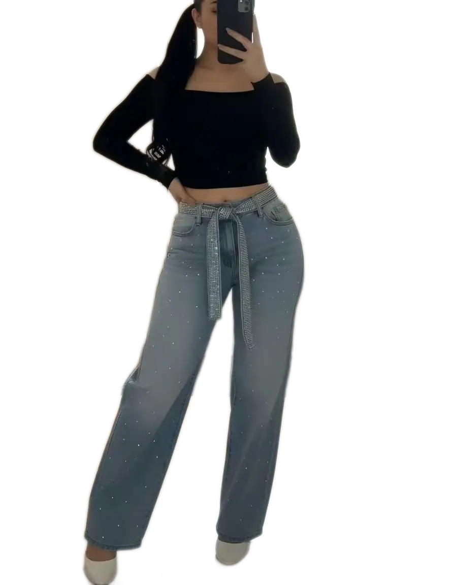 Rhinestone Studded High Waist Wide Leg Denim Jeans