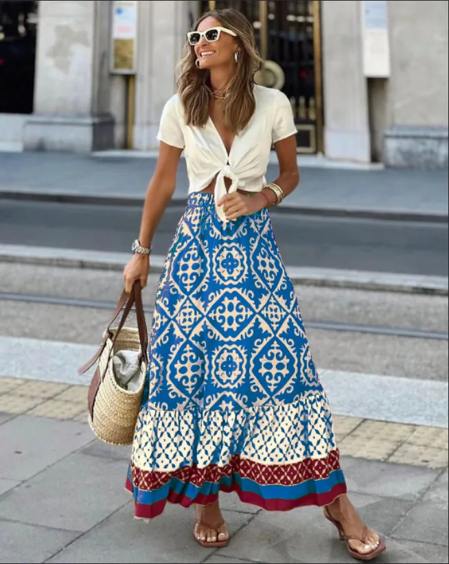 Elastic Waist Printed Boho Swing Midi Skirt