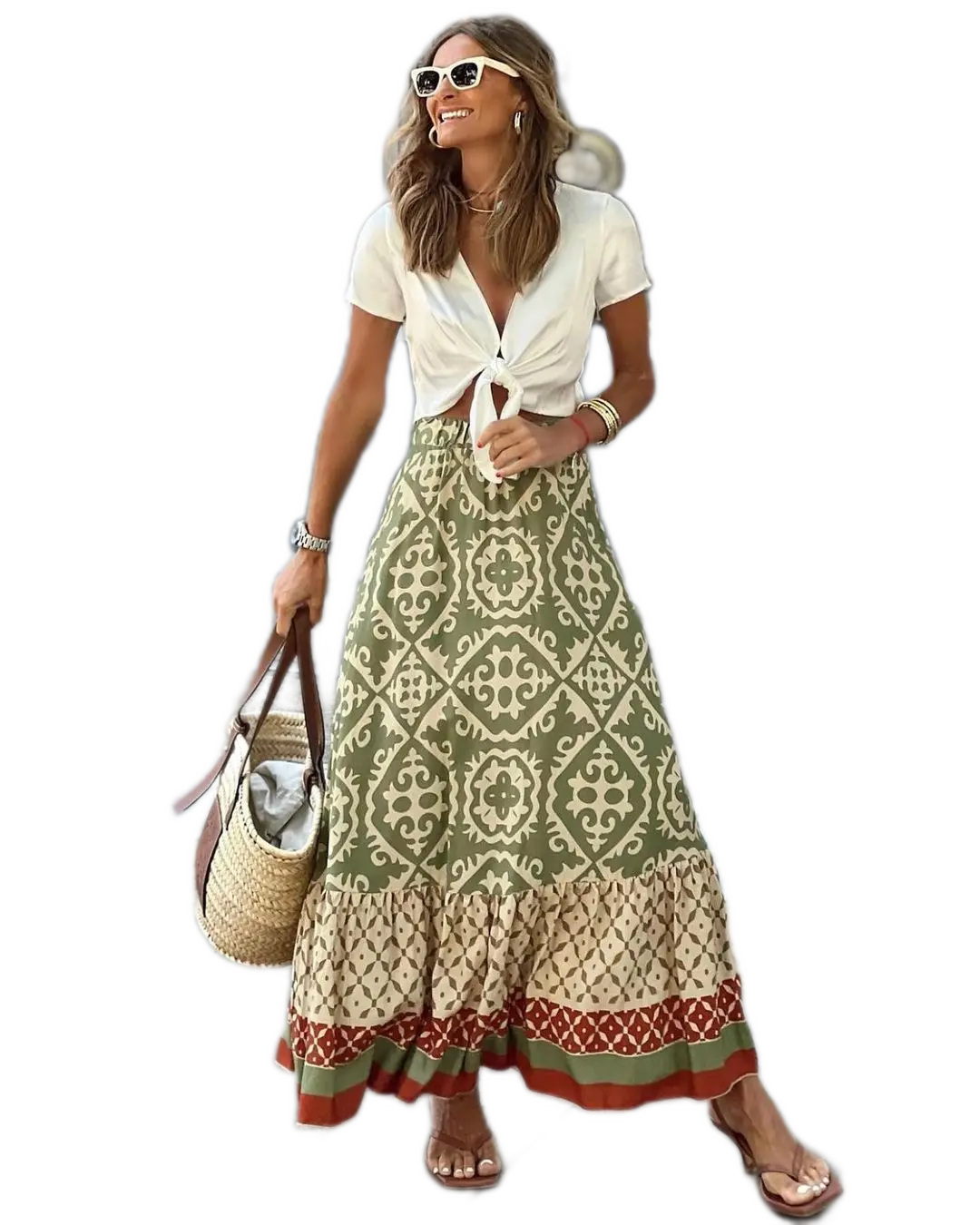 Elastic Waist Printed Boho Swing Midi Skirt