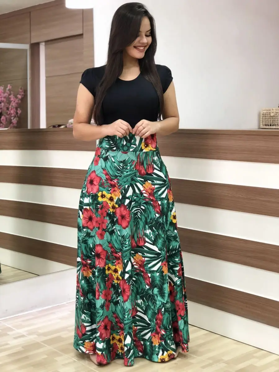 Black Floral Print Stretchy Midi Dress