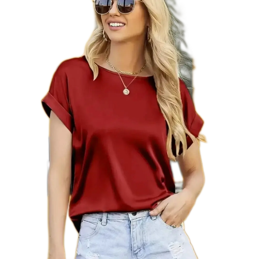 Wine Red Satin Boat-Neck Dolman Blouse