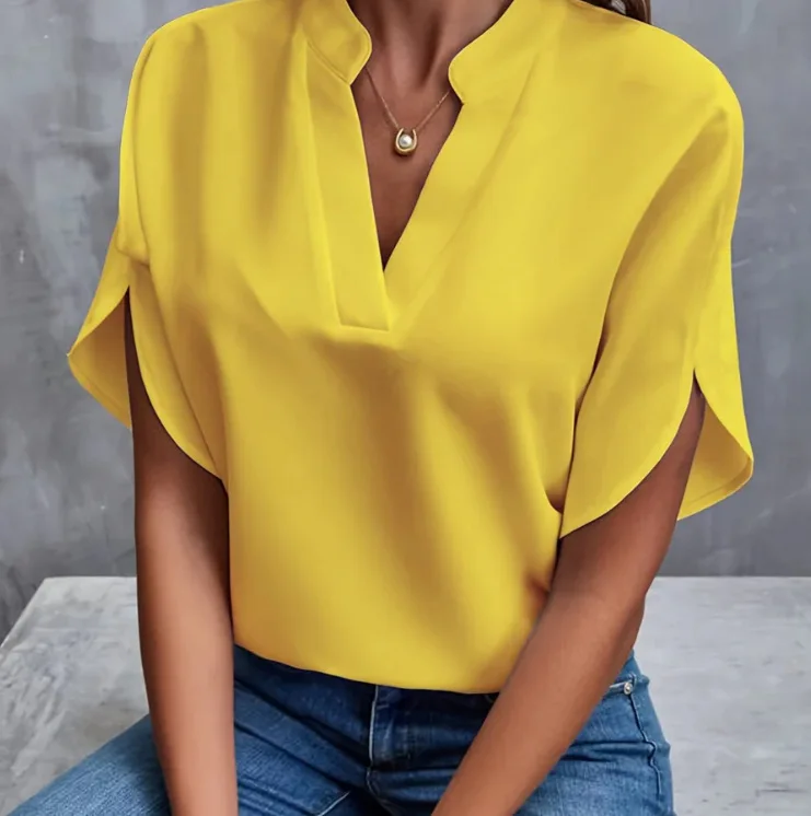 Loose Fit Chiffon V-Neck Short Sleeve Blouse