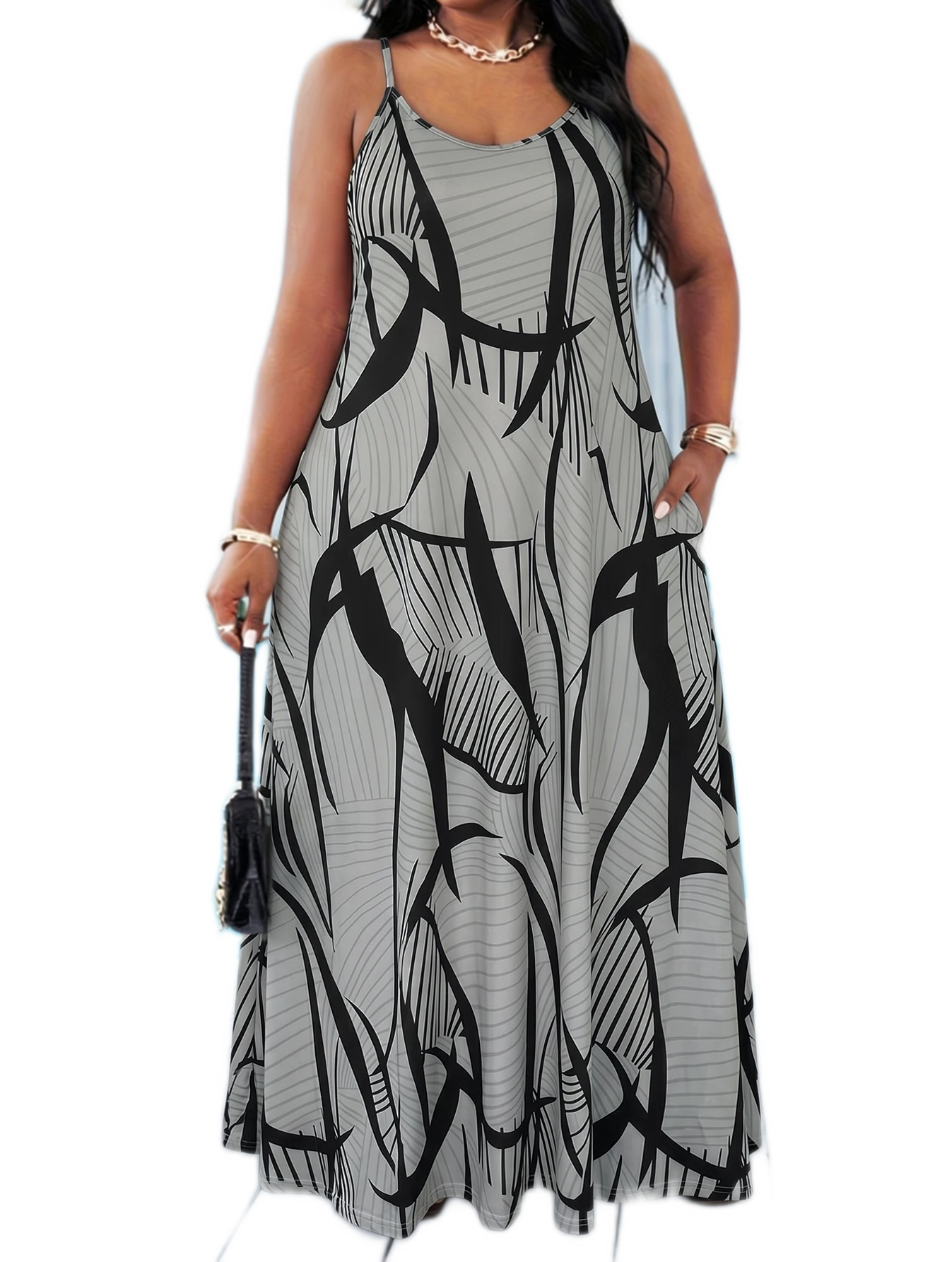 Grey Black Abstract Line Print Spaghetti Strap Maxi Dress