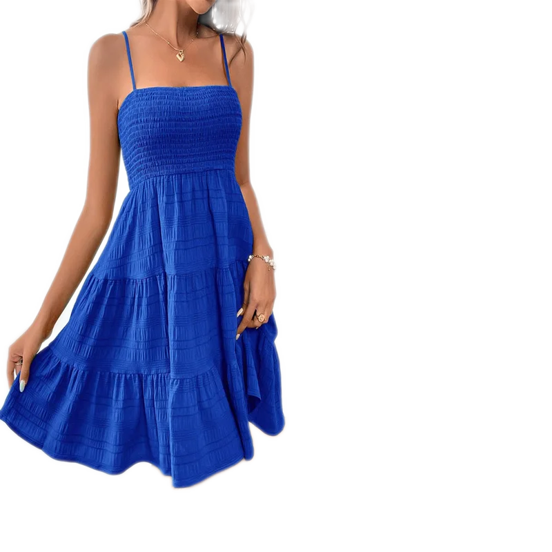 Blue Smocked Bustier Tiered Mini Dress