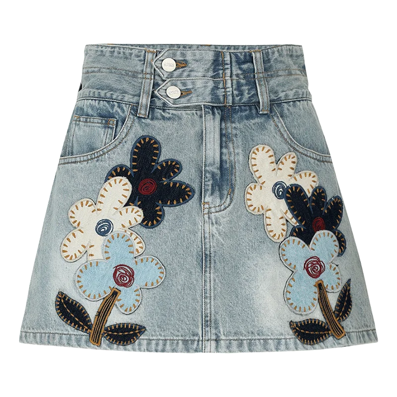 Washed Blue High-Waist A-Line Denim Skirt