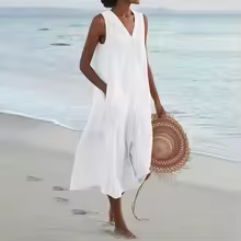 Sleeveless Cotton Linen Patchwork V-Neck Midi Dress