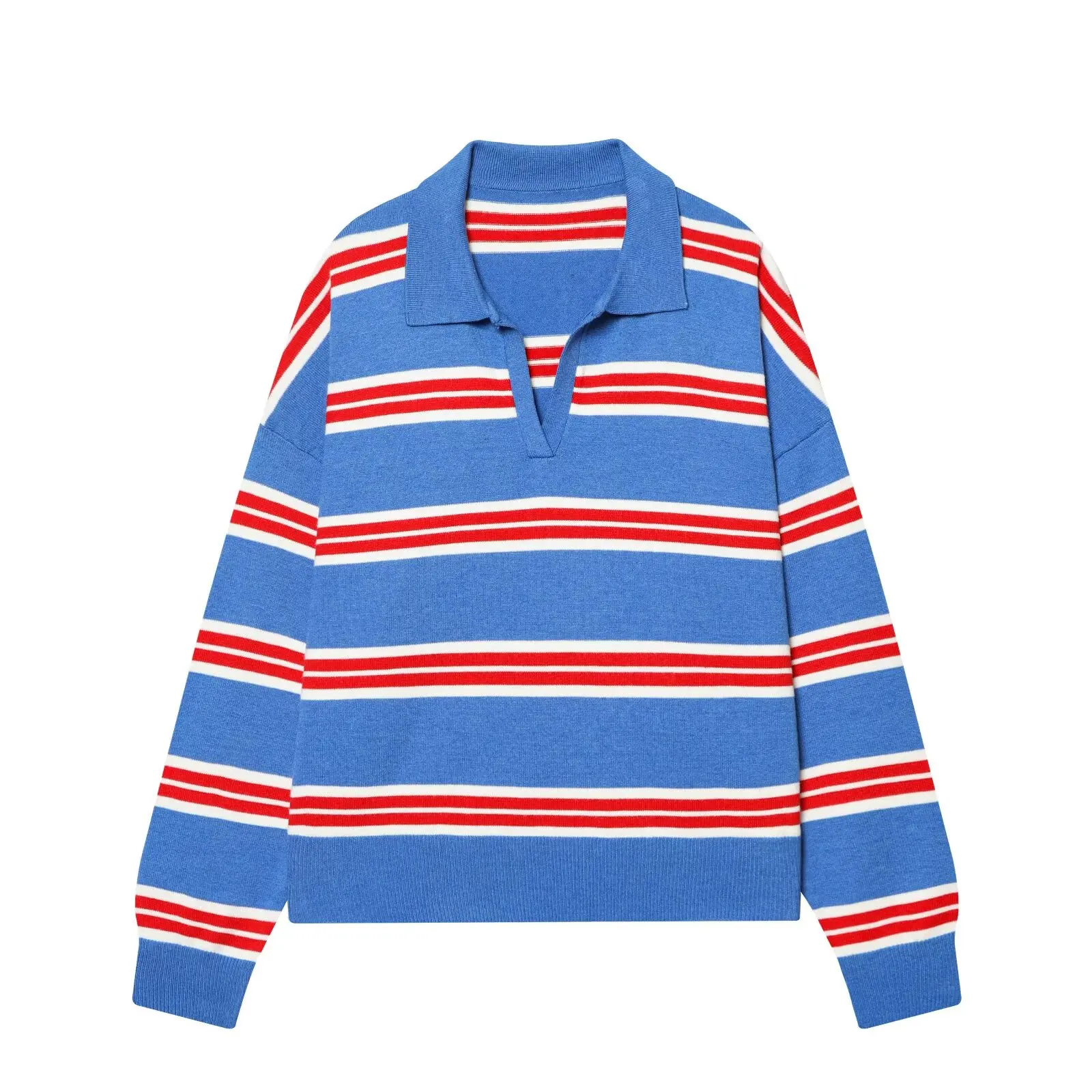 Striped Knit Polo Neck Pullover Sweater