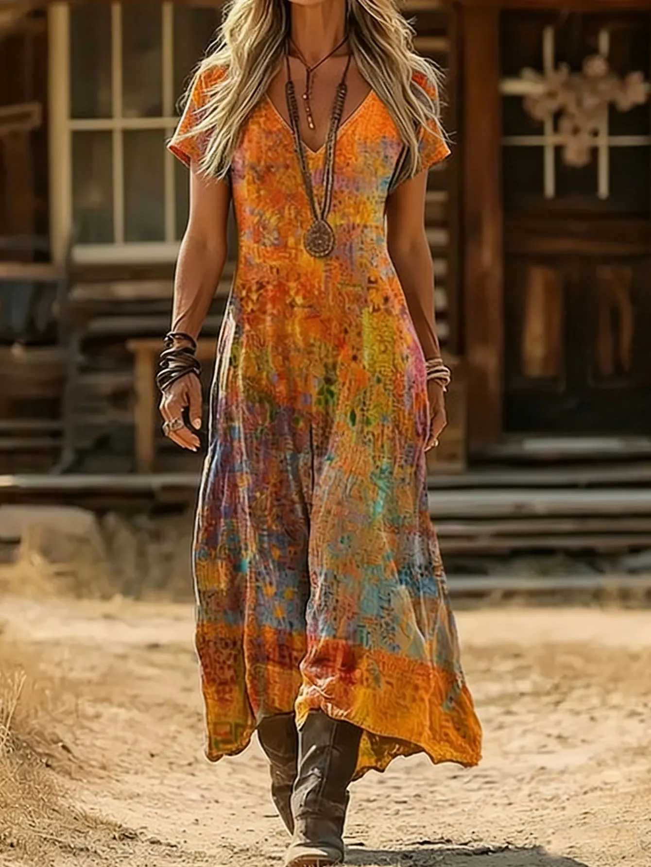 Retro Tie-Dye Boho V-Neck Maxi Dress