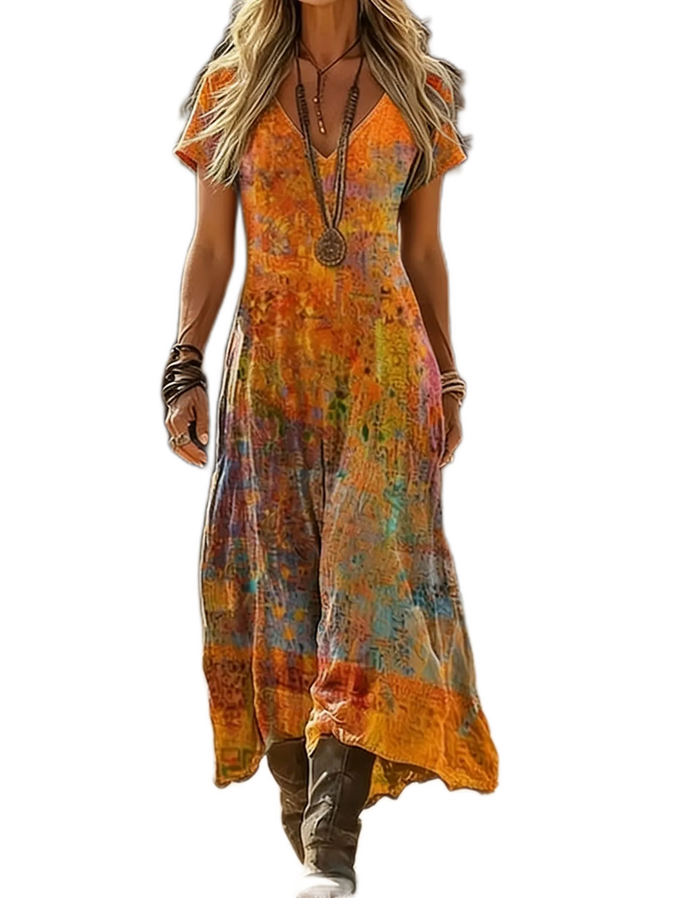 Retro Tie-Dye Boho V-Neck Maxi Dress