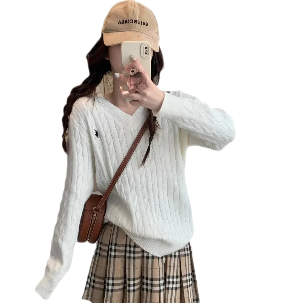 White Cable-Knit V-Neck Sweater