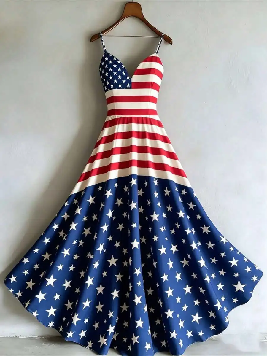 Multicolor American Flag Print Spaghetti Strap Maxi Dress