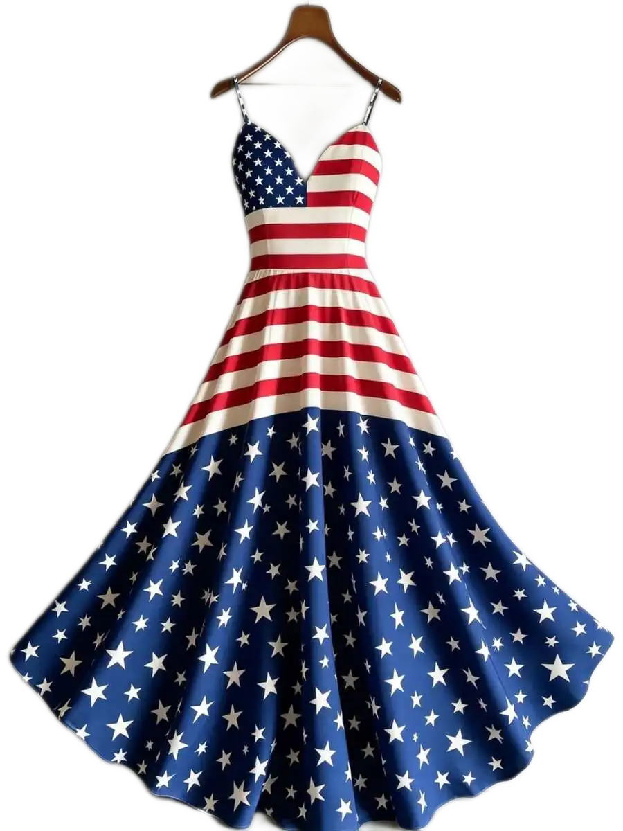 Multicolor American Flag Print Spaghetti Strap Maxi Dress