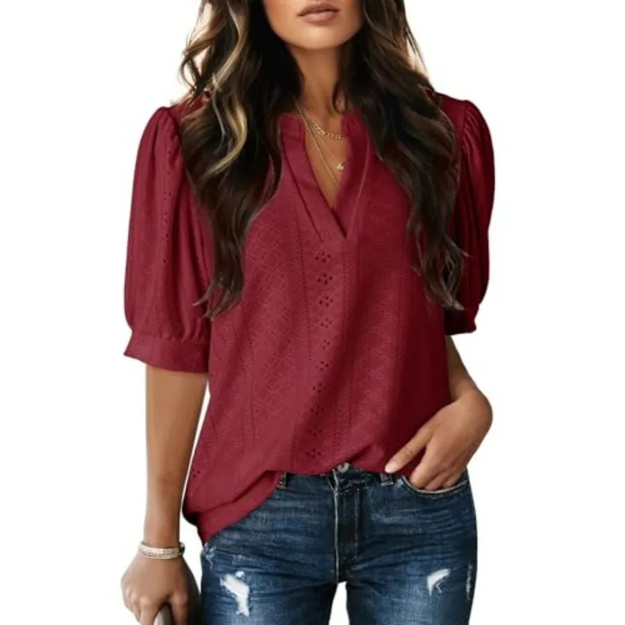 Red Eyelet Lace V-Neck Short Sleeve Blouse