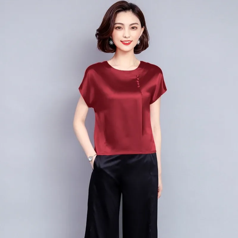 Claret Chiffon Solid Short Sleeve Blouse