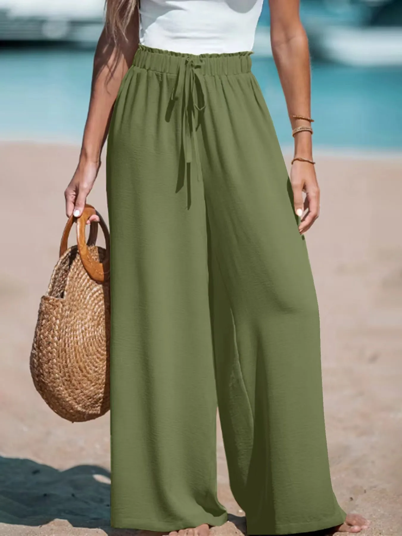 High Waist Wide Leg Drawstring Beach Pants