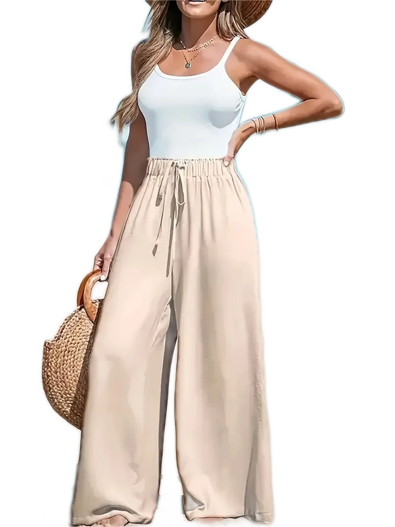 High Waist Wide Leg Drawstring Beach Pants