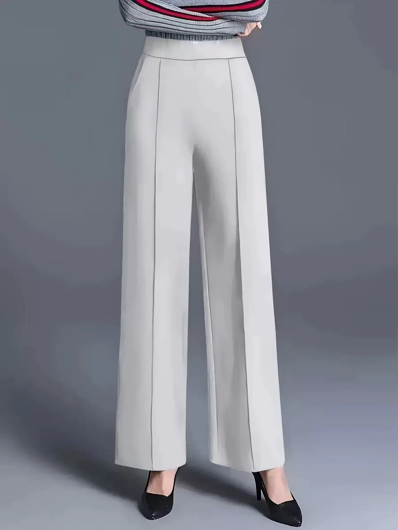 High-Waist Wide-Leg Casual Pants with Elastic Waistband