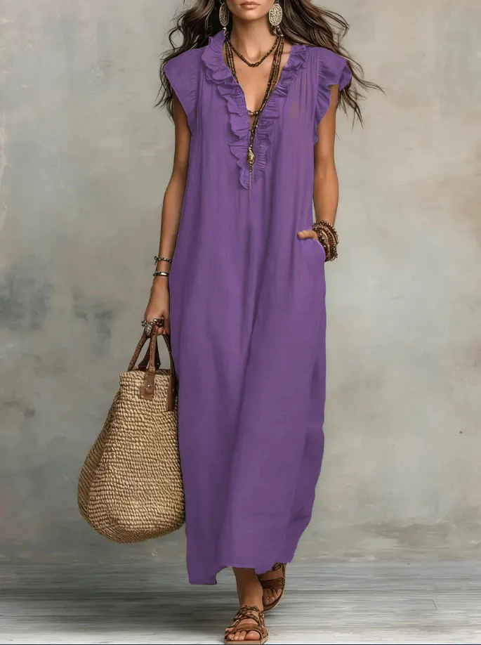Bohemian Ruffle Linen V-Neck Sleeveless Maxi Dress