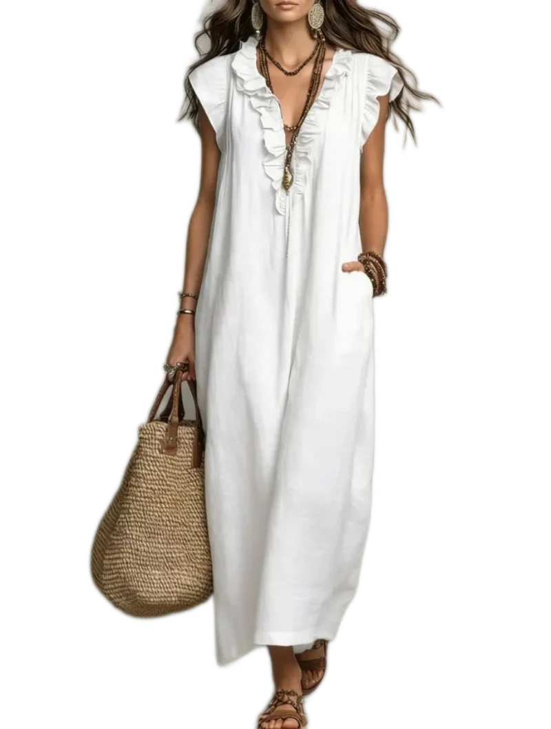 Bohemian Ruffle Linen V-Neck Sleeveless Maxi Dress