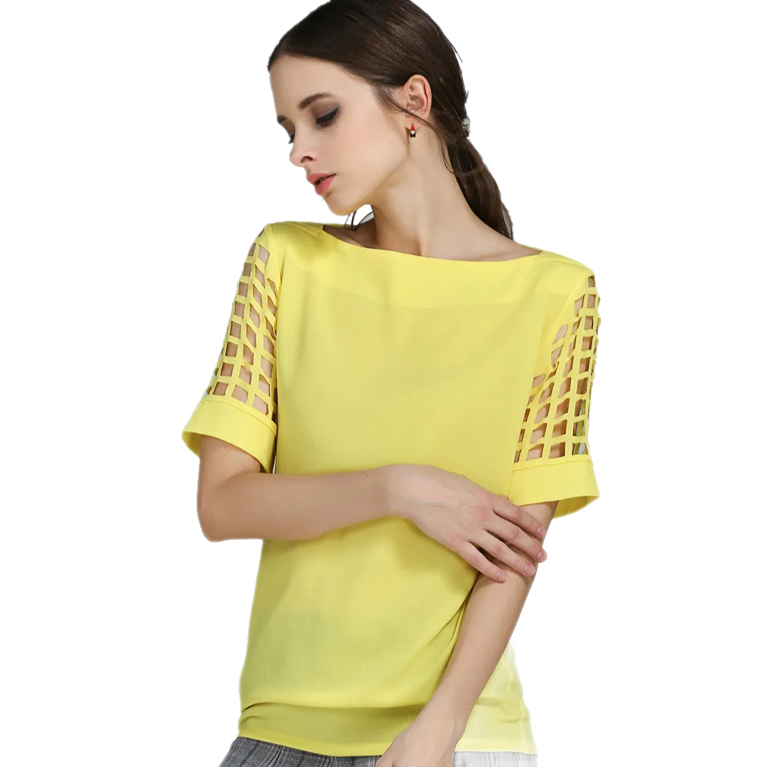 Chiffon Hollow-Out Sleeve Slash Neck Blouse Plus Size